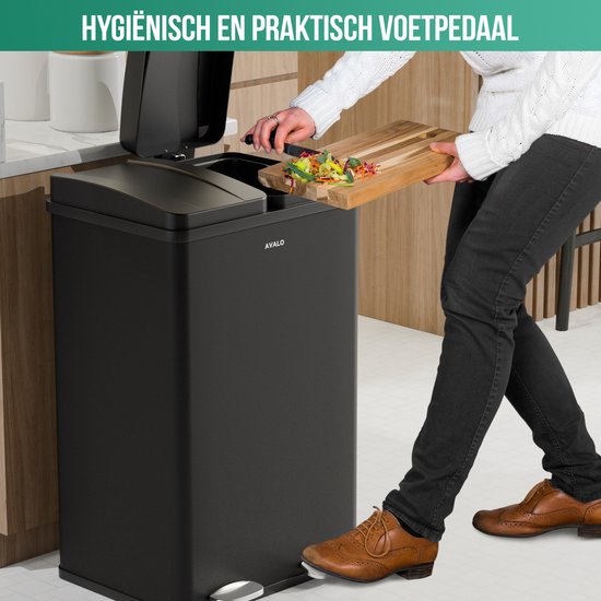 Avalo - Prullenbak Afvalscheiding - 60 Liter - RVS - Zwart - 2 Vakken - 47x38x71 cm