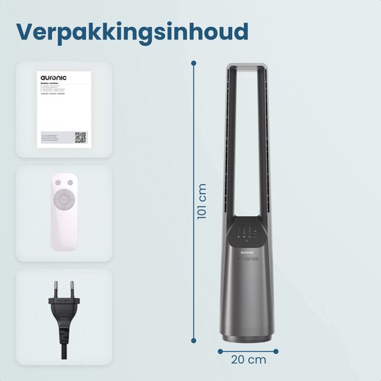 Auronic Torenventilator - Bladeless Model - Luchtkoeler - Vloerventilator - Stille Ventilator Staand - 101 CM - 6 Snelheden - Fan - Met Timer - 39 dB - Lichtgrijs