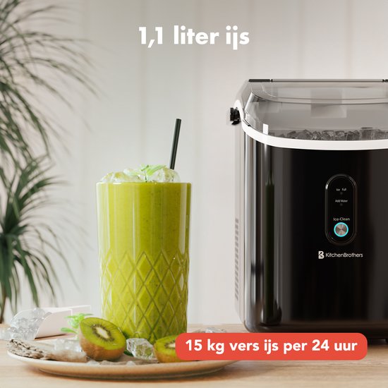 KitchenBrothers Nugget IJsblokjesmachine - 1.1L - Crushed Ice Maker met IJsschep – Draagbaar – 15kg/24 uur - Zwart