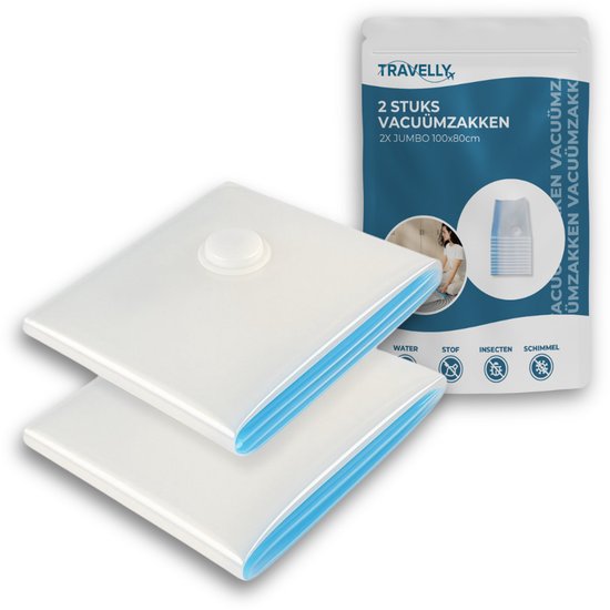 Travelly® Vacuümzakken & Reiszakken Set – Kleding Opbergen & Reizen – Luchtdicht – Herbruikbaar – Ruimtebesparend – Set van 2 – Transparant