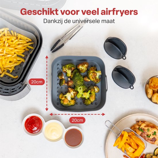 AoraKitchen Airfryer Bakjes Siliconen - 20cm - 5 Delig - Airfryer Accessoires - Incl. Wanten & Tang