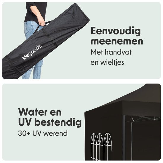 LifeGoods Partytent - Paviljoen - Easy Up - Opvouwbaar - Zijwanden - Waterdicht - Met Draagtas - 292 x 292 cm – Antraciet