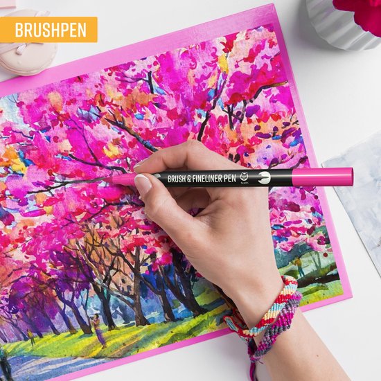 NAPI Twinmarkers - 24 Stiften voor Volwassenen - Dubbelzijdige Brushpennen - Fineliners Kleur - Viltstiften Handlettering - Bullet Journal Accessoires - Brush Pennen Aquarel - Markers Kinderen - Markeerstiften Incl. 2 Mandala Sjablonen