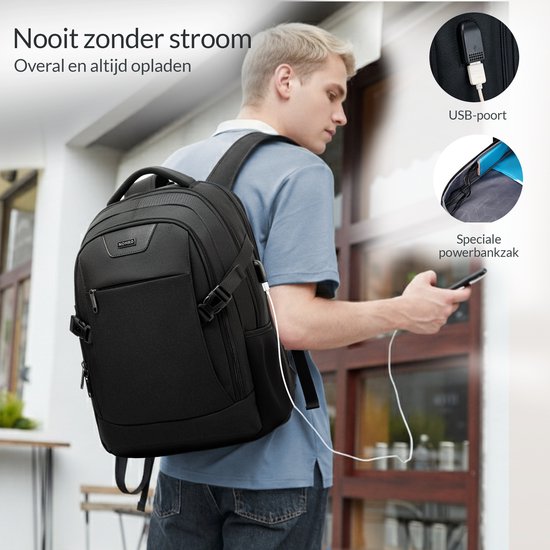 NOHRD Laptop Rugzak - Zwart - Anti Diefstal - Laptoptas 15.6 inch - USB Oplaadstation - Rugtas Dames & Heren - Waterafstotend - Schooltas Meisje & Jongens - Boekentas met Laptopvak