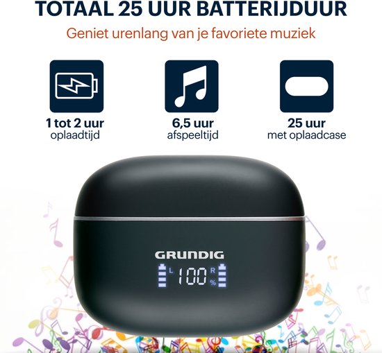 Grundig Draadloze Oordopjes - Bluetooth Oordopjes - Noise Cancelling ANC+ENC - Draadloze Oortjes - Oplaadcase met LED-Display - BT 5.3 - Batterijduur 25 Uur