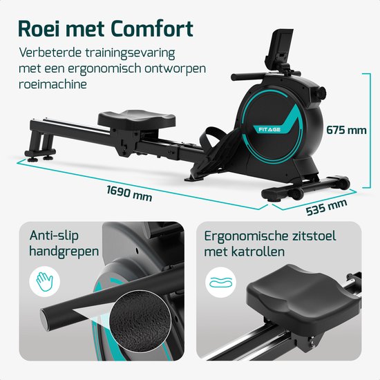 FITAGE Roeitrainer - Roeimachine 16 Weerstandniveaus - Roeiapparaat met Trainingsprogrammas en App - Roeitrainers - Inklapbaar