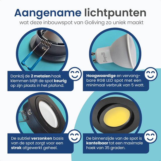 Gologi Slimme Inbouwspots - Smart LED Downlight Dimbaar - Kantelbaar - RGB+CCT Licht - Gu10 LED Lamp - Zwart