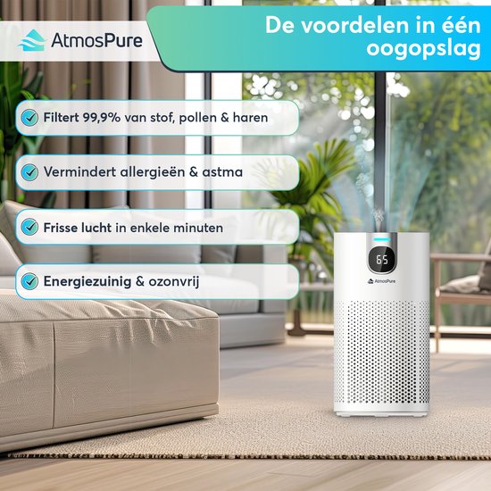 AtmosPure® CleanAir Luchtreiniger - Air Purifier met vervangbaar HEPA 13 + Koolstoffilter - CADR 250 m³/u - Wit - Voor 97 m² - Werkt tegen huisstofmijt, hooikoorts, allergieën, -3 standen + stille slaapstand - Luchtkwaliteit Sensor