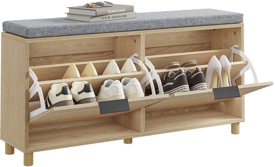 SoBuy - Schoeiselbank met opbergruimte - Licht eiken - 100x24x50 cm - 2 deuren - Max. belasting 237 kg