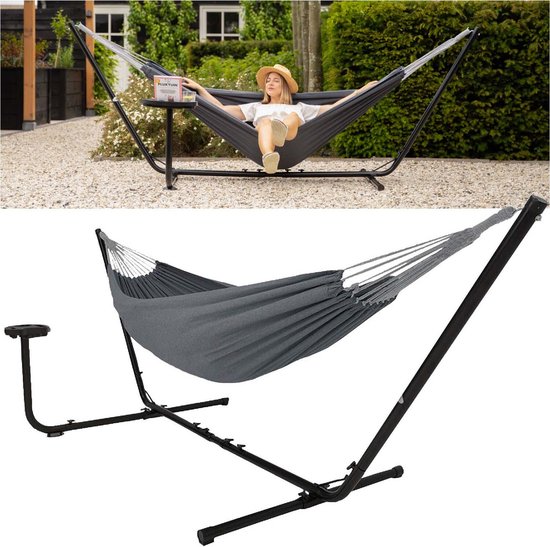 Vita5 Hangmat met Standaard 2 Persoons - Incl. Bekerhouder - Draaggewicht 205 kg - Donker Grijs - Verstelbare Lengte - Incl. Draagtas