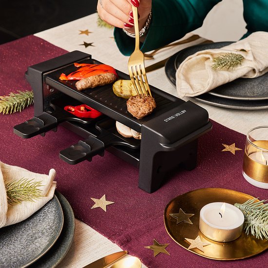 StangVollby GRILLA Gourmet Set voor 2 Personen - Klein Gourmetstel - Elektrische Grillplaat - Raclette Gourmetset - Grillen - Bakken - Anti-aanbaklaag - Gourmetten - Kerst Tafelen - Zwart - Kunststof - Gourmetstellen - Gourmet pannetjes - 350W