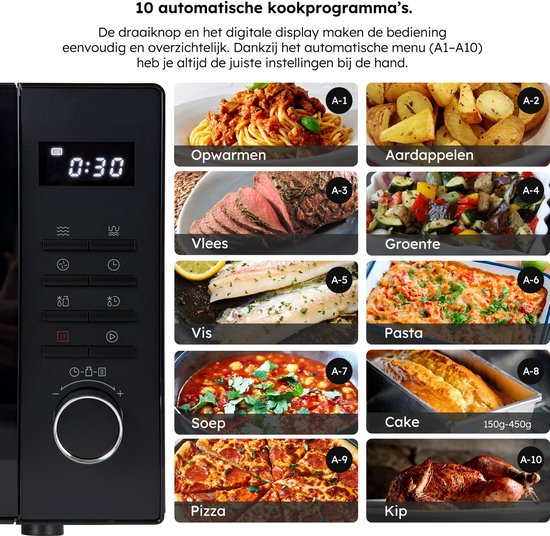 Combi Magnetron – 25L – Combimagnetron Vrijstaand – Grill en Hetelucht Functie – 10 kookprogramma's – Digitale Timer en Kinderslot – 900W – Zwart – Saaf