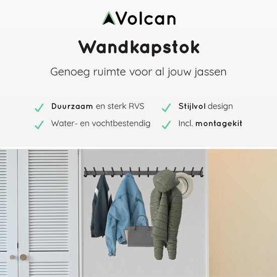 Volcan Wandkapstok - 28 Haken - Muur Kapstok Hangend met 3M Tape - Industrieel - Zwart RVS