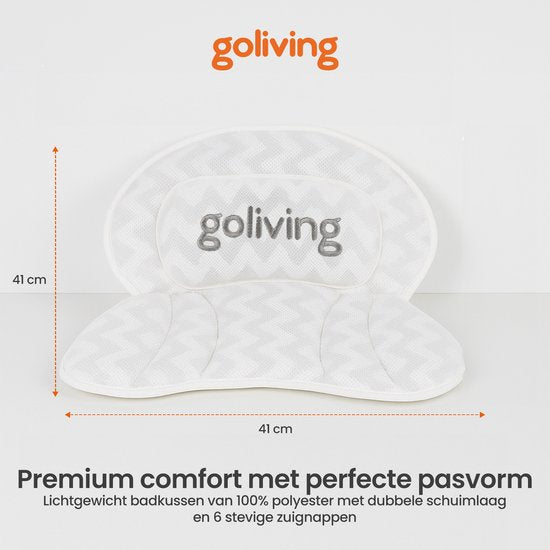 Goliving Badkussen - Ergonomisch Kussen voor in Bad - Met 6 Zuignappen - Inclusief Waszakje - Anti-Slip, Lichtgewicht & Waterdicht -100% Polyester - Wit