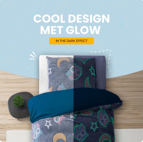 Sleeptime Glow in the dark Nachtuil Dekbedovertrek - 140X200/220 + 1 x kussensloop 60x70 - Blauw