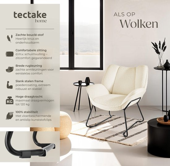 tectake® Loungefauteuil - Ronde relaxfauteuil - Teddyfauteuil - Gestoffeerde stoel - Bouclé bekleding - Leesfauteuil van pluche - Scandinavische stijl - creme wit