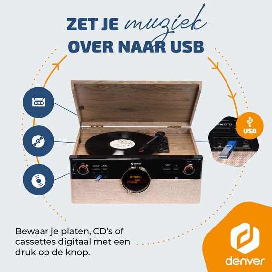 Denver Retro Platenspeler - Radio - CD - Cassette - Bluetooth - Auto stop - MRD180