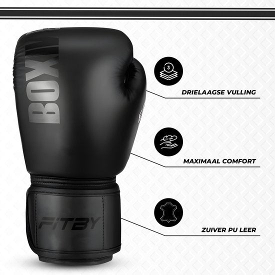Fitby Bokshandschoenen - Kickboks Handschoenen - Bokshandschoenen - Zwart - 12 oz