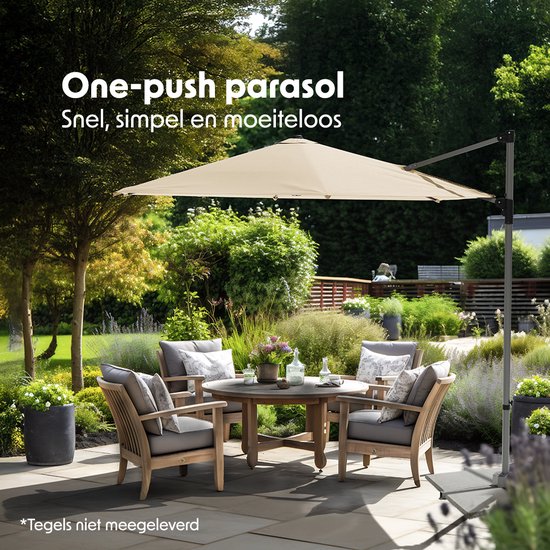 LifeGoods Parasol - Ø300 cm - 30° Kantelbaar - One-push Systeem - Waterdicht - met Hoes - Taupe