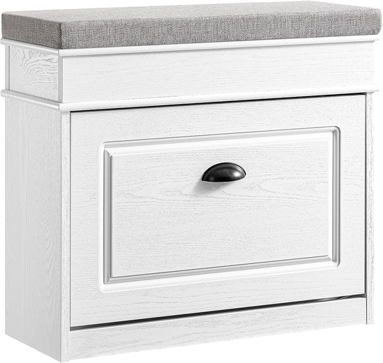 SoBuy FSR82-K-WG Schoenenkast entreebank – schoenenbank met toiletzitting en schoenenopbergkussen voor hal, woonkamer 61 x 24 x 51 cm, capaciteit 113 kg, wit antiek houteffect