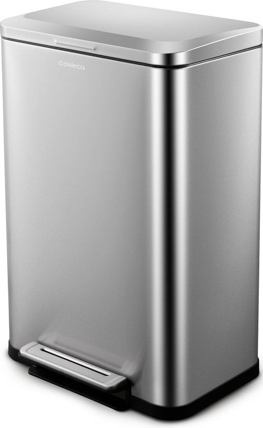 Deleca Prullenbak Prestige - 50 Liter - Breed - RVS Vuilnisbak / Afvalemmer / Pedaalemmer - Met Voetpedaal en Slow Close - Mat Zilver