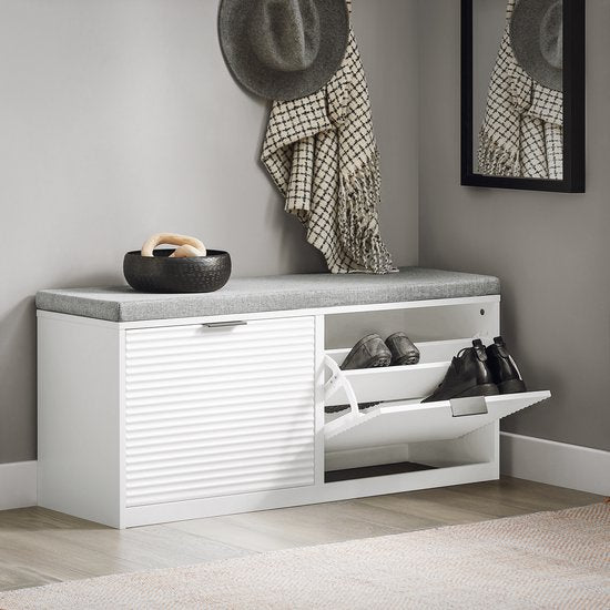 SoBuy FSR147-W Schoenenbank - Witte Opbergbank met 2 Kleppen & Kussen