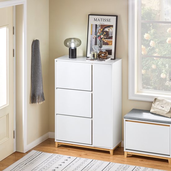 SoBuy FSR189-WN Schoenenkast - Witte Houtcomposiet met 3 Kleppen & Deur