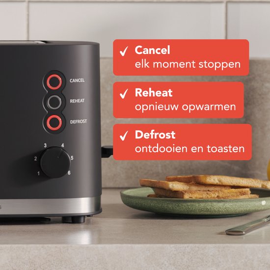 KitchenBrothers Broodrooster - Retro - Toaster - 6 Instelbare Warmteniveaus - 2 Extra Brede Sleuven - BPA-vrij - 870W - Zwart
