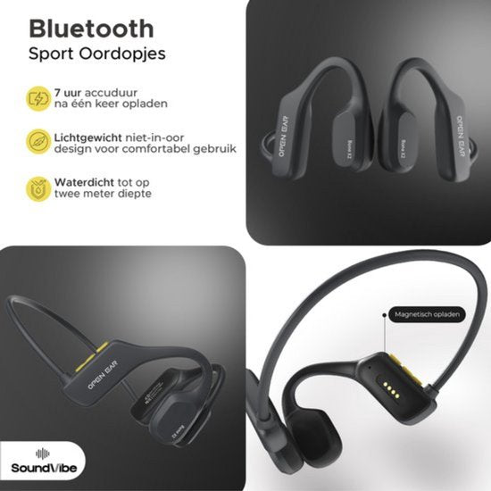 Soundvibe® Bone Conduction Headphone Zwart - Sporthoofdtelefoon - Sport oortjes - Draadloze oordopjes - Waterbestendig - 8GB Interne Geheugenkaart - Sport Koptelefoon - Voor alle Telefoons en Laptops - Hardloop Oortjes - Wireless Earphones