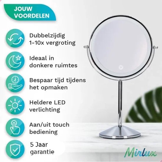 Mirlux Make Up Spiegel met LED Verlichting - 10x Vergroting Licht – Scheerspiegel Klein Op Voet - 3 Lichtstanden - Oplaadbaar - Vergrootspiegel Chroom
