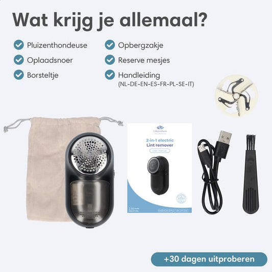 Pluizenverwijderaar - Draadloos en Oplaadbaar - Ontpiller - Ontpluizer - Pluizendief Met 3 Extra Mesjes en Opbergtas - 2-in-1