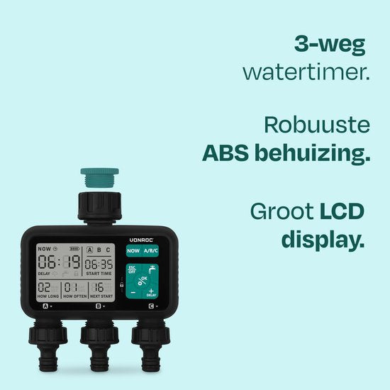 VONROC 3-weg watertimer – Besproeiingscomputer voor 3 zones – Instelbare bewateringstijd en -frequentie per zone