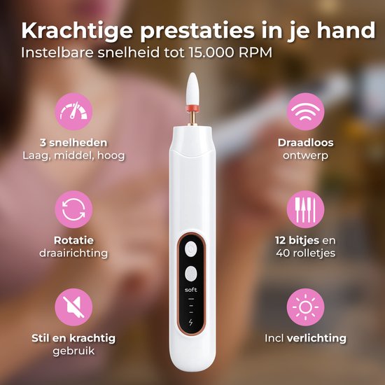 Nuvance Elektrische Nagelvijl - 15000 RPM - Nagelfrees - 12 Bitjes - 40 Schuurrolletjes - Manicure & Pedicure Set