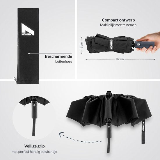 Nohrd Stormparaplu - Zwart - Paraplu Opvouwbaar - Wind Doorlaatbaar - 140 km/h - Stormparaplu's - Automatisch In- en Uitklapbaar - Paraplu's - Incl. Beschermhoes