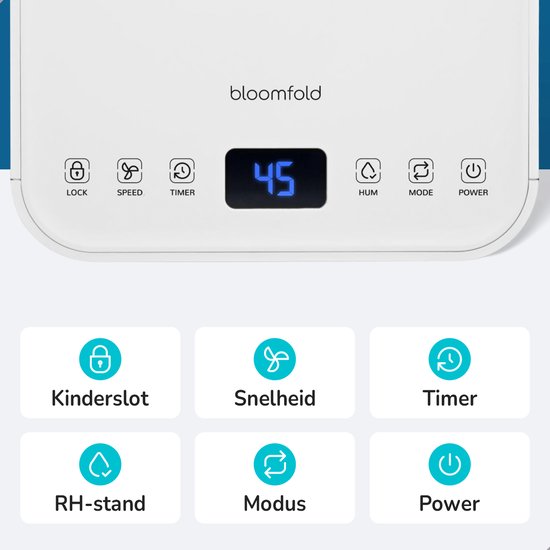 Bloomfold Luchtontvochtiger - 12L per Dag - Incl. Was-droog Functie - Geschikt voor Woonkamer, Slaapkamer, Kelder & Badkamer - Dehumidifier - Wit
