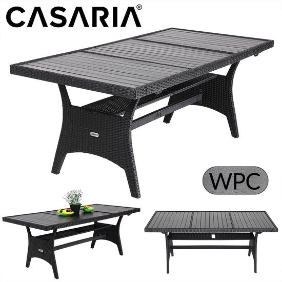Casaria Tuintafel – Polyrattan & WPC Tafelblad – Verstelbare Poten – 190 x 90 x 75 cm – Zwart