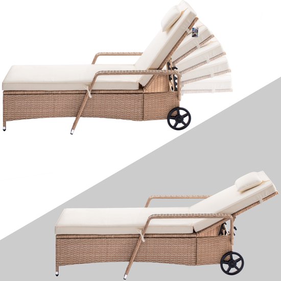 Luxe Polyrattan Ligstoel met Kussen – Verstelbaar – Weerbestendig – Crème – 162 x 64 x 86 cm – Draagvermogen 160 kg