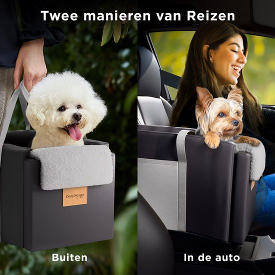 CozySense® Honden Autostoel - Hondenmand Auto met Wasbare Hoes - Voor Kleine Hond - Past in Middenconsole - Ook als Draagtas - Zwart/Grijs