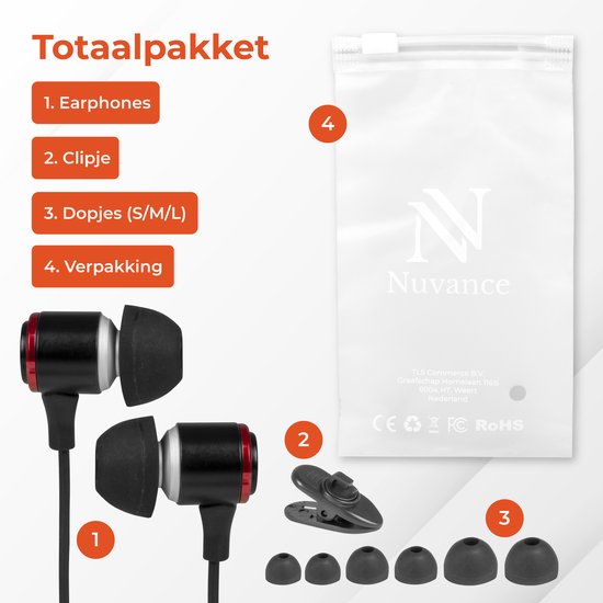 Nuvance - Oortjes met Draad - 3.5mm Jack Aansluiting - Oordopjes met Draad - In-Ear Oortjes met Draad en Microfoon - Zwart