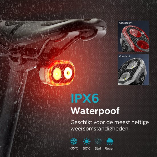 Inlustro Smart Fietslamp Set - Achterlicht met Remsensor / Zadelbevestiging - LED Fietslampjes Rood en Wit - Fietslicht Koplamp Voorlicht - USB Oplaadbaar / Waterdicht