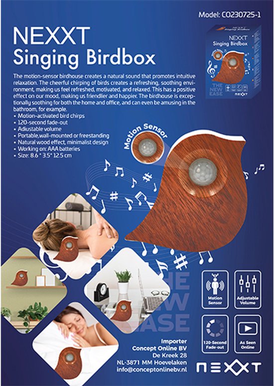 Nexxt Vogelgeluiden Vogel met Sensor voor op Toilet - Aanpasbaar Volume - WC - Bewegingsmelder - 10,2 x 3,5 x 8,6 cm - 90 g - Kastje - Bird Box - Donker Bruin