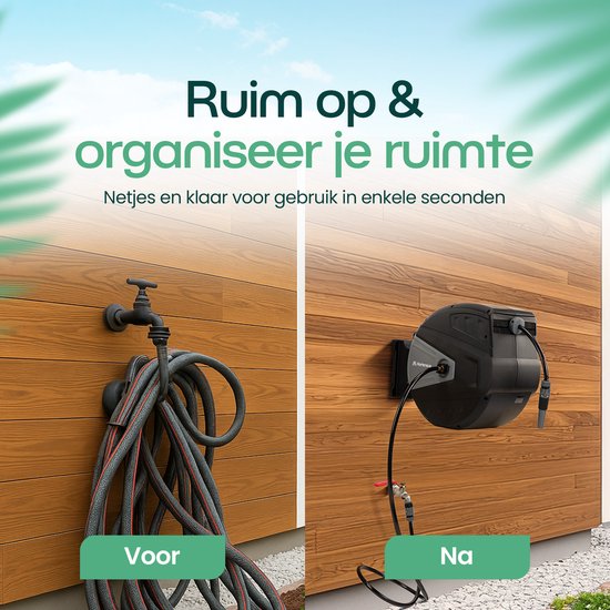 Hortensus Tuinslang Haspel 15m – Wandslangbox Automatisch – Tuinslanghaspel met Muurbevestiging – Knikvrije Tuinslang – Compacte Wandslanghouder voor Elke Tuin