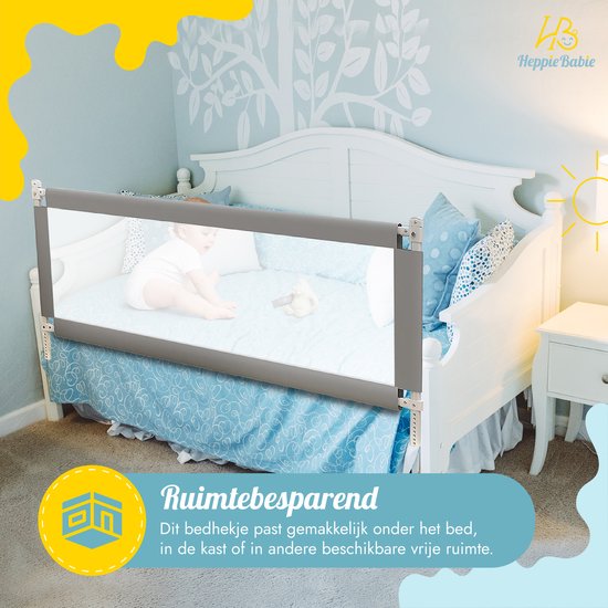 HeppieBabie Bedhekje - Universeel - Extra Lang 150 CM - Verstelbaar - Grijs met opvangnet - Bedrand - Bedrail - Bedrek