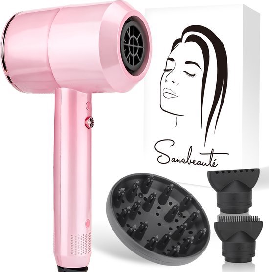 Sansbeauté® Föhn met Diffuser – Ionische Haardroger – Borstel - Reisföhn - 3 Opzetstukken - Krullen – Coolshot – 3 Standen – Haarföhn met Diffuser – Hair Dryer - 2000W - Pink