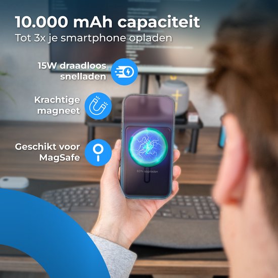 Nuvance Powerbank 10000 mAh - Geschikt voor MagSafe - 15W Snellader - Draadloze Powerbank - Usb-A 22.5W & Usb-C 20W - Zwart