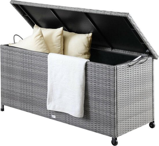 Casaria Opbergkist – 420L – 122x56x61 cm – Waterdicht & Weerbestendig – Met Wielen en Gasdrukveren – Polyrattan – Grijs