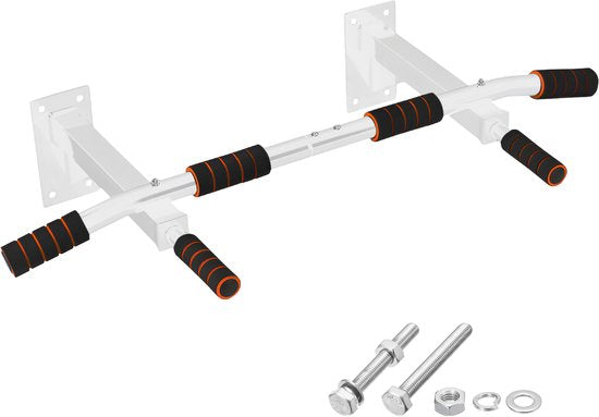 TTD® Premium Pull Up Bar - Pull Up Station - Optrekstang Wandmontage - Dip Station - Dip Bars - Thuis Sporten - Thuis Fitness - Premium materialen - Extra stevige montage onderdelen - Home workout - Wit/Oranje
