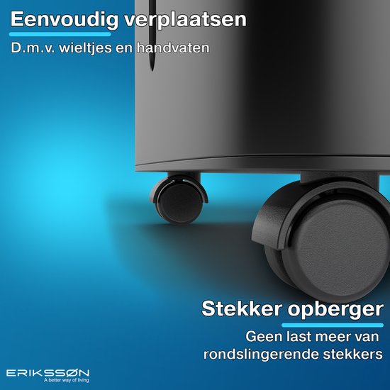 Erikssøn Luchtontvochtiger – 16L/Dag, Ingebouwde Hygrometer, 185W – 27,5 x 19,5 x 44 cm – Zwart