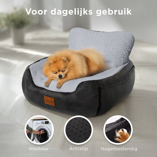 CozySense® Honden Autostoel - Hondenmand Auto met Veiligheidsriem & Opbergvak - Voor Kleine Hond - Voorbank of Achterbank - Zwart/Grijs