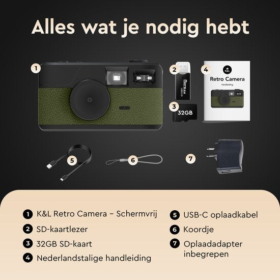 K&L Digitale Retro Camera - Schermvrij - Oplaadbaar - 16.000 Foto's - Fotocamera - Vintage - Inclusief 32GB - Duurzaam - Groen